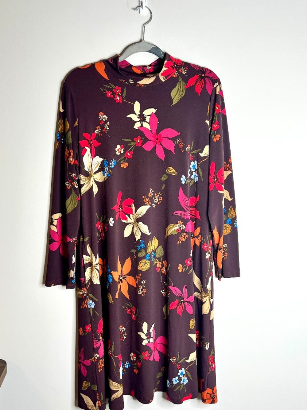 Susan Graver Burgundy Fall Floral Shift Dress Liquid Knit Mock Neck Fall Sz LP